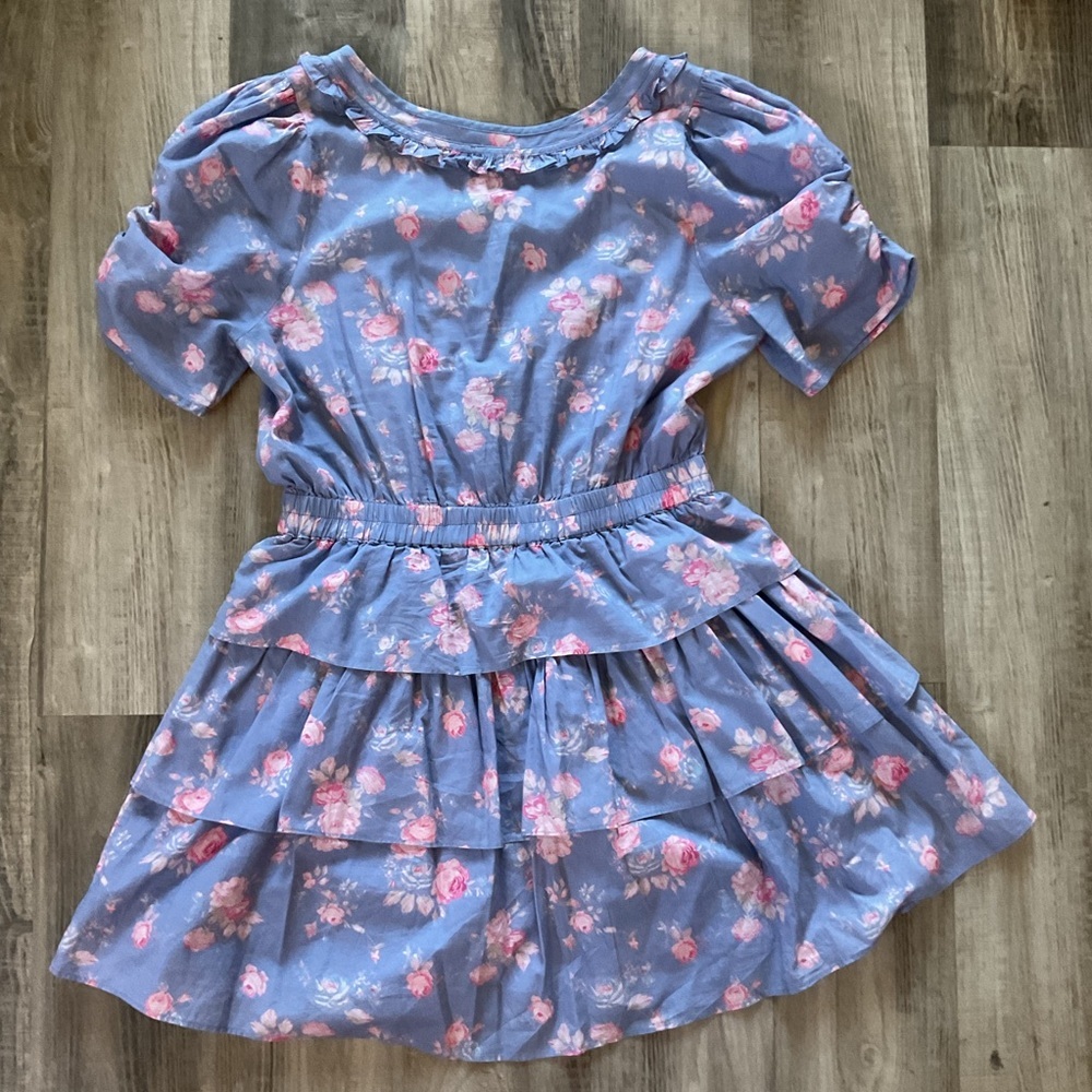 Loveshackfancy Roth Floral Tiered Ruffle Cotton Dress In Faded Denim Size M - Picture 7 of 7